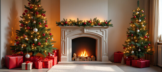 Christmas tree,gift boxes,presents and fireplace