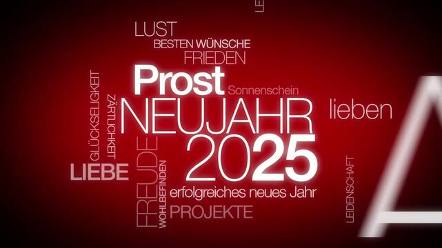 Prost Neujahr 2025 internationalen tag cloud Frohes neues Jahr w&ouml;rter text bunt
