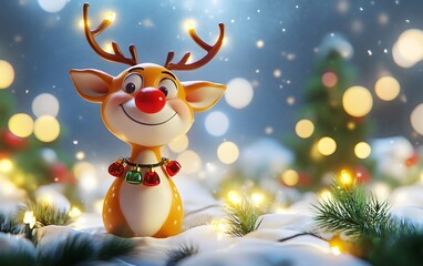 A cheerful cartoon reindeer stands amidst snowy scenery, adorned with festive decorations