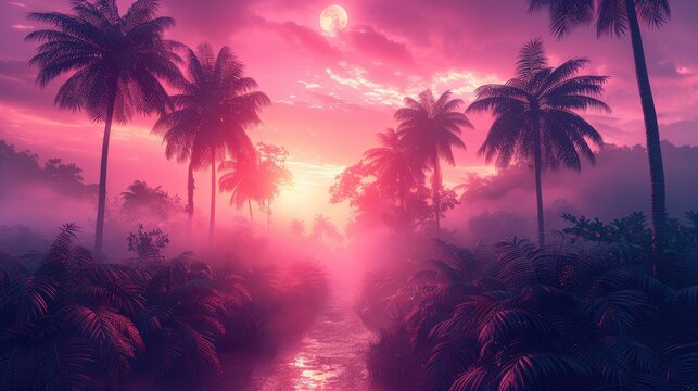 A mystical tropical landscape with a path leading to a sunrise over a misty forest.