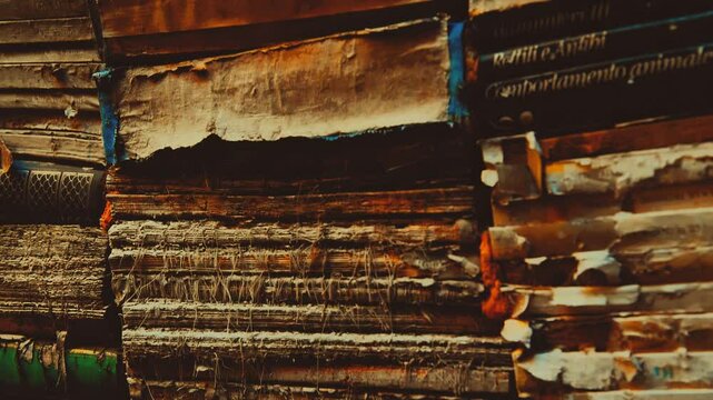 Damaged old books rotten by the flood close-up footage