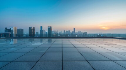 Empty square floor with city skyline background, Skyline plaza with futuristic architecture, nighttime ambiance
