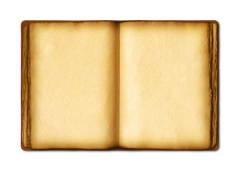 Old open medieval book with worn parchment pages. Isolated on transparent background