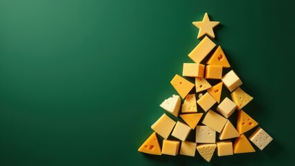Assorted cheese slices arranged in Christmas tree shape on green background with copy space. Christmas concept for dairy and cheese business, for greeting card, invitation, postcard, banner, poster