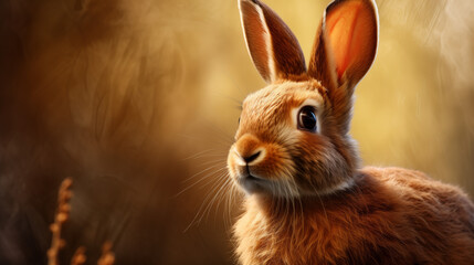 Cute bunny sitting quietly with a soft golden background