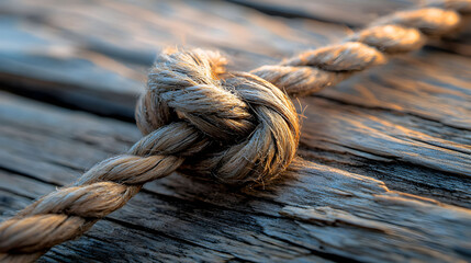 Fototapeta premium A close-up of a tied rope knot resting on weathered wood, showcasing texture and natural lighting.