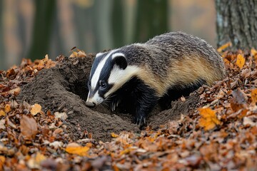 A European Badger Digging in Autumn Leaves