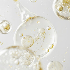 Cosmetic moisturizing liquid drops on blue background. Abstract science background with bubbles on water. cosmetic bubble design 