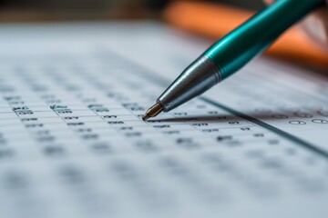 Selective focus pen writing on a piece of paper, filling out a questionnaire or tests