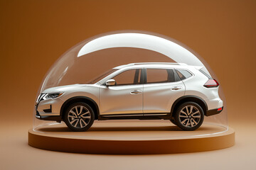 Obraz premium White car protected under a glass dome bubble. Car insurance concept auto business 