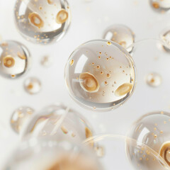 Cosmetic moisturizing liquid drops on blue background. Abstract science background with bubbles on water. cosmetic bubble design 