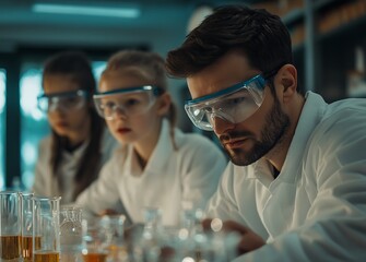 children in white shirts and safety goggles doing science experiments with their teacher at school