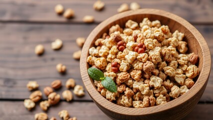 Crunchy Caramel Popcorn in a Rustic Wooden Bowl on a Warm Brown Wooden Table - Perfect Snack for Movie Nights or Parties
