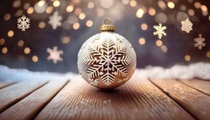 christmas ball on wooden board, winter snow ;now the year is coming soon - snowflake shape xmas decoration and blur silver sparkle beautiful