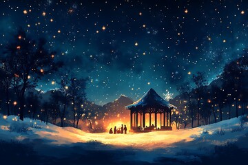 Fototapeta premium A Gazebo Surrounded by Snow in a Winter Landscape