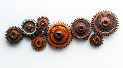 A Creative Arrangement of Vintage Gears in Various Sizes and Textures on a Clean White Background Perfect for Illustrating Mechanical Concepts and Industrial Design