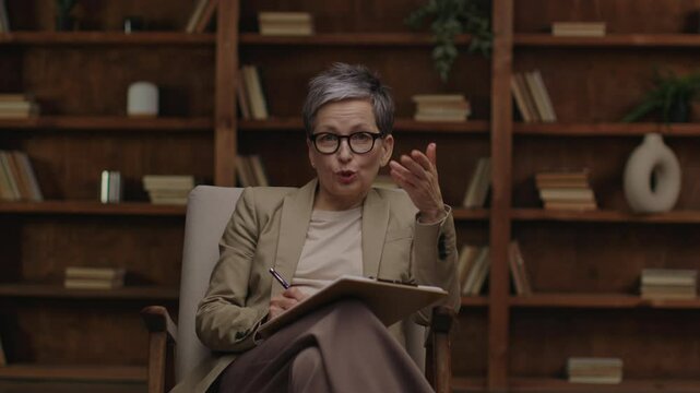 A cheerful female therapist, with glasses, sitting in a chair taking notes, with a library in the background.