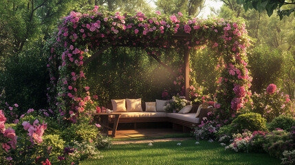 Fototapeta premium Altana w ogrodzie, udekorowana kwitnącymi pnączami, wkomponowana w bujną zieleń, tworzy magiczną przestrzeń do wypoczynku. 