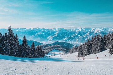 Fototapeta premium Breathtaking Winter Landscape: Snow-Covered Slopes and Majestic Mountains