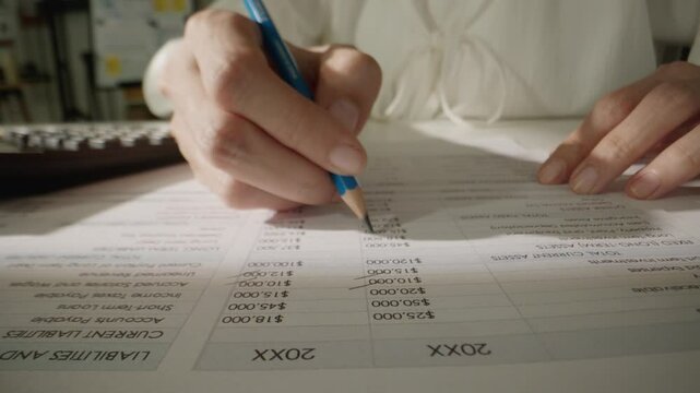 Macro close up of Unrecognizable businesswoman's hands with pen analyzing financial report and marketing data statistics documet in office. Accountant checking company balance sheet statement.