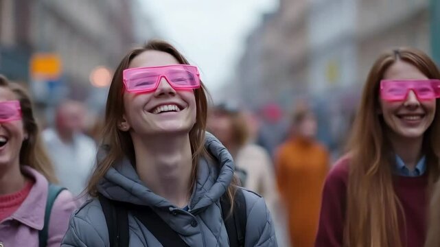 smiling woman in rose-tinted glasses walks down the street