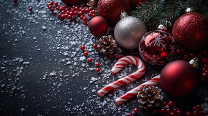 Christmas Candy Canes with Red Ornaments and Pinecones