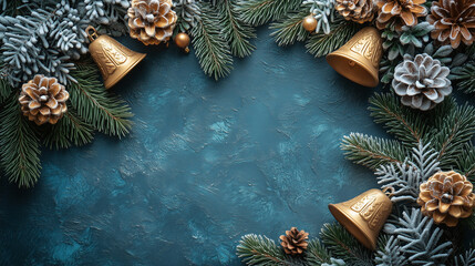 Christmas Golden Bells with Pinecones and Festive Decorations on Blue Background