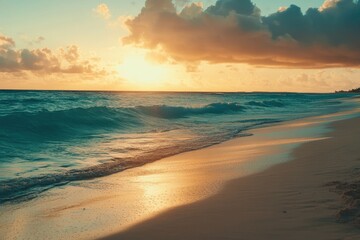 Serene Caribbean Beach at Dusk: Panoramic Sunset Horizon with Calming Sand and Clouds