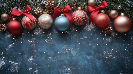 Festive Christmas Baubles on Blue Background