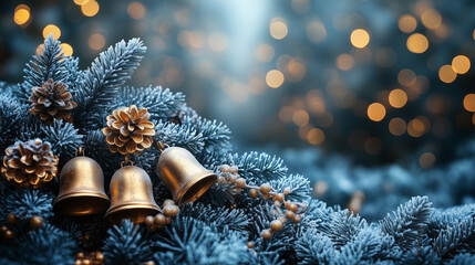 Christmas Golden Bells with Pinecones and Festive Decorations on Blue Background