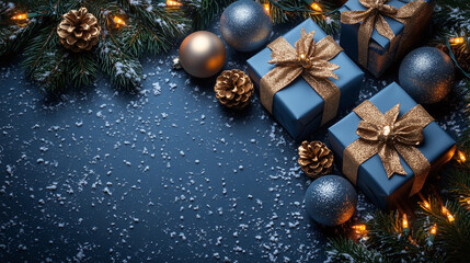 Christmas Gift Boxes with Festive Decorations on Blue Background
