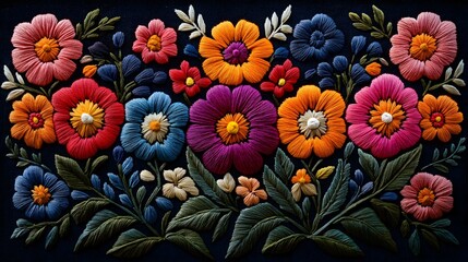Fototapeta premium A vibrant embroidered floral arrangement bursts with color. The intricate needlework showcases a variety of flowers in rich hues against a dark background. A beautiful textile art piece.