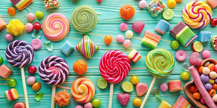 A delightful assortment of colorful candies and lollipops arranged on a vibrant teal wooden surface