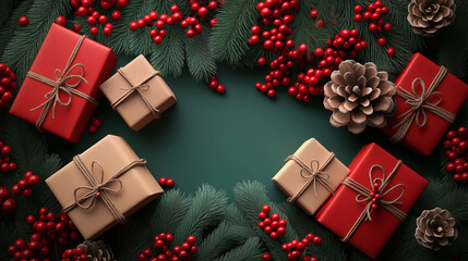 Christmas Green Frame with Festive Ornaments and Gifts