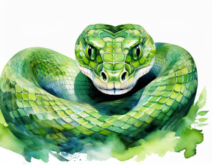 Fototapeta premium Watercolor green snake illustration on a white background