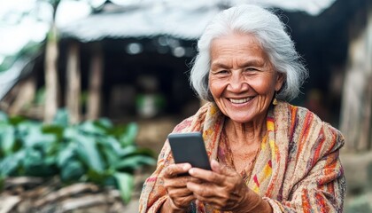 Smiling Senior Woman Holding Smartphone, Enjoying Technology and Staying Connected in Retirement