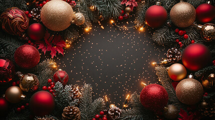 Elegant Christmas Wreath with Golden and Red Ornaments on a Black Background
