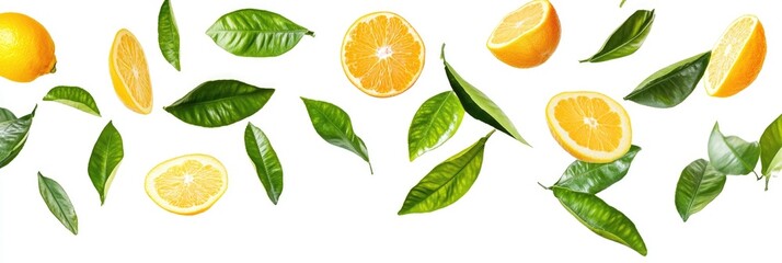 Obraz premium Falling Citrus Leaves: A Refreshing Breeze from the Jungle with Vibrant Green Clementine and Mandarin Oranges