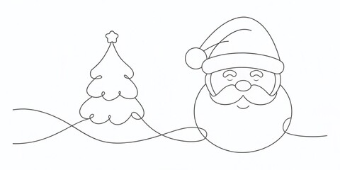 Minimalist Line Art of a Christmas Tree and Santa Claus in Continuous Line Drawing Style for Holiday Decor and Seasonal Celebrations