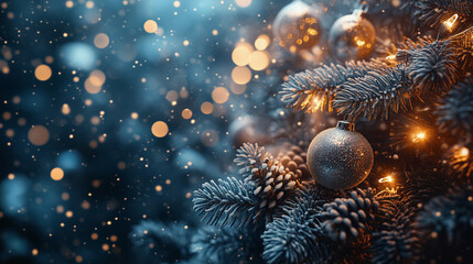 Christmas Tree with Golden Lights and Ornaments