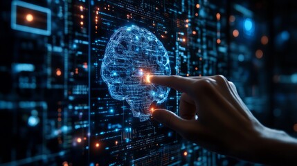 Fototapeta premium A hand points to a glowing digital brain, representing artificial intelligence, on a futuristic tech background.