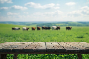 Obraz premium Wooden table with a blurred of a natural landscape
