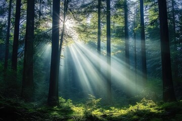 Obraz premium Radiant Morning Rays Illuminate Lush Forest Growth in British Columbia, Canada