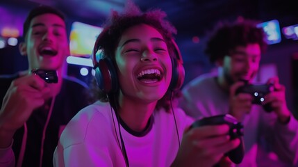 A group of friends are playing video games in a dimly lit room. They are all laughing and having fun