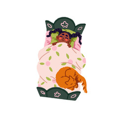 Happy little girl sleeps with cat top view. Cute kid lying on pillow under blanket at night. Asleep black child with pigtails has a rest, naps in bed. Flat isolated vector illustration on white