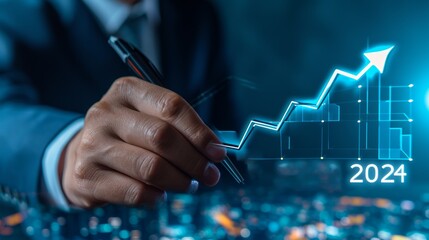 A businessman in a suit actively draws a rising graph on a holographic display, illustrating progress for the year 2024 in a modern office setting