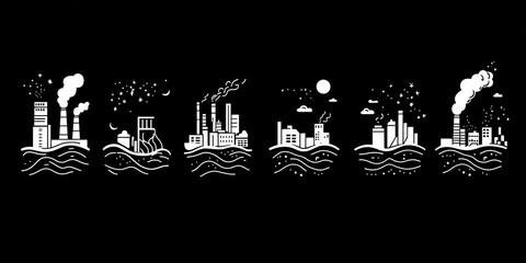 Obraz premium Six stylized cityscape silhouettes with smoke and nighttime details.