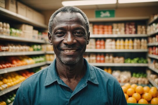 Close portrait of a smiling senior Senegalese male grocer standing and looking at the camera, Senegalese grocery store blurred background