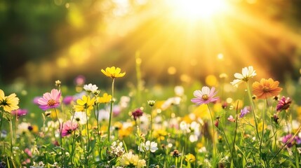 Obraz premium Welcoming Summer: Vibrant Flower Meadow Under Sunlight with Bokeh Effects - Nature's Beauty for Seasonal Greetings
