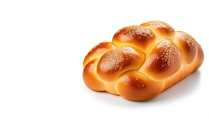 Challah, a popular Jewish bread, is a rich, braided loaf with a golden brown crust and a soft, slightly sweet interior seen at Sabbath and holiday feasts Isolated on white background with copy space